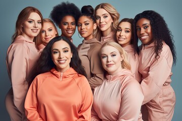 group of women of different sizes and various races standing together in tracksuits on a pastel color background