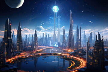 Futuristic Cityscape: A three-dimensional illustration of a modern metropolis with skyscrapers, showcasing a futuristic and creative urban landscape, perfect for concepts related to city life