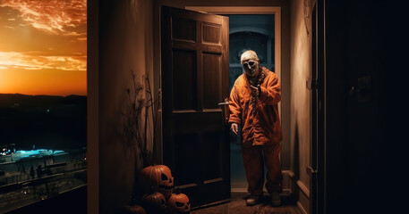 a person on Halloween in a costume stands at the door of the house. Terrible scary photo. Generative AI.