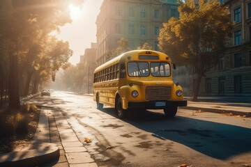 A new yellow school bus on a sunny day on the streets of a beautiful stylish city pastel yellow color.  Generative AI.