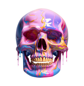 Human skull dripping in multicolored paint. Transparent background. Psychedelic and macabre.