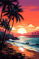 Tropical beach view landscape with vibrant sunrise light flat 2d vector illustration 