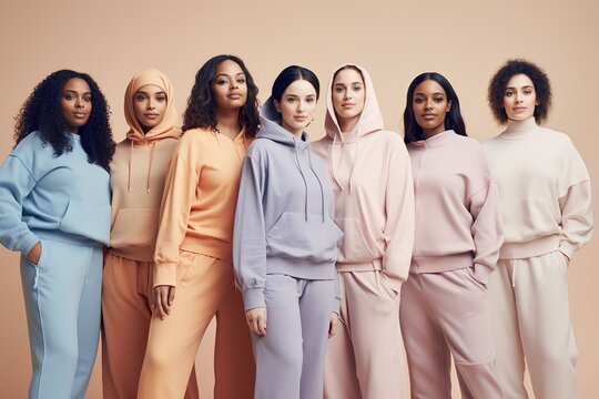 group of women of different sizes and various races standing together in tracksuits on a pastel color background