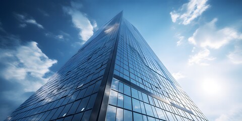 Fototapeta na wymiar a tall building with a blue sky in the background, pexels contest winner, glass reflections, low angle 8k hd nature photo, on a dark background, three - point perspective, transparent background