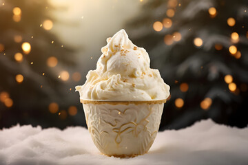 sweet, creamy vanilla ice cream shown in a winter atmosphere