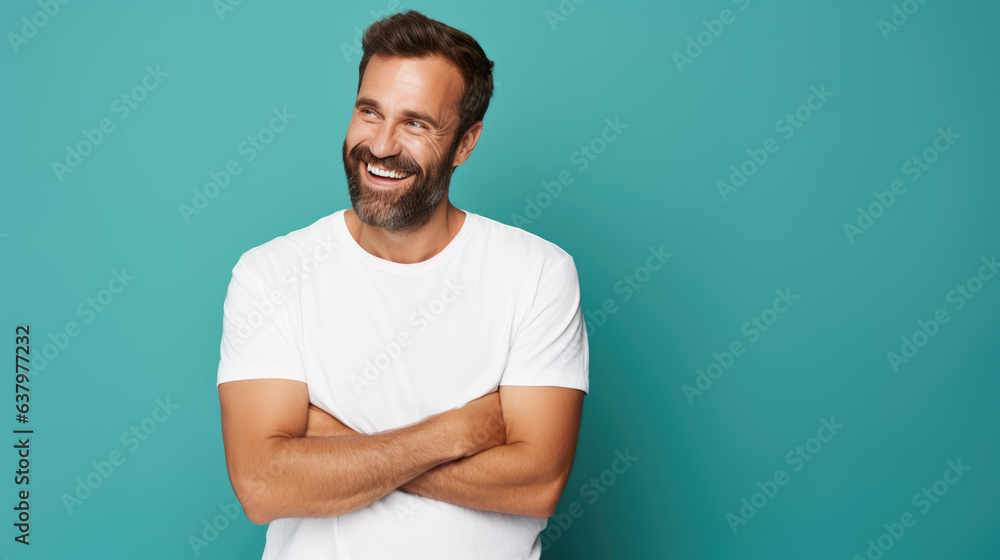 Wall mural Man standing in front of camera in white T-shirt , isolated on blue background