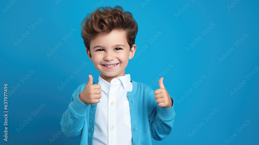 Sticker little boy holding his thumb up against a blue background.