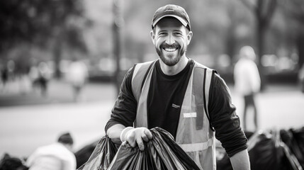 Obraz premium Volunteer holds a bag full of trash.