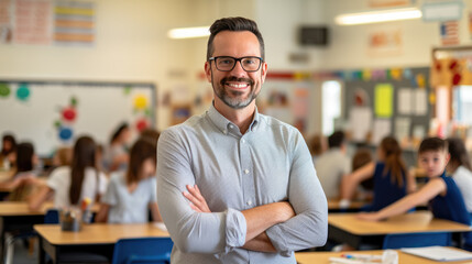 Fototapeta premium Portrait of happy male teacher in classroom in front of pupils