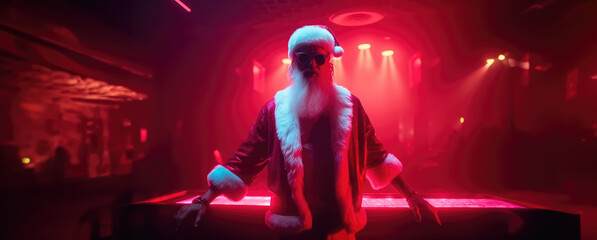 A real Santa Claus in a red sut and a Santa hat is looking at the room and laughing. Santa Claus himself is dancing on a bar stage, neon light Generative AI.