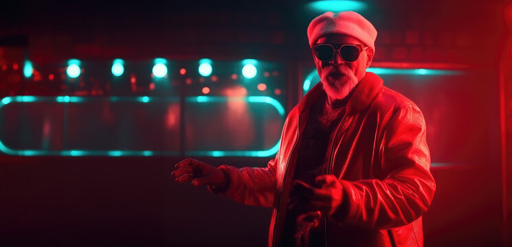 A real Santa Claus in a red sut and a Santa hat is looking at the room and laughing. Santa Claus himself is dancing on a bar stage, neon light Generative AI.