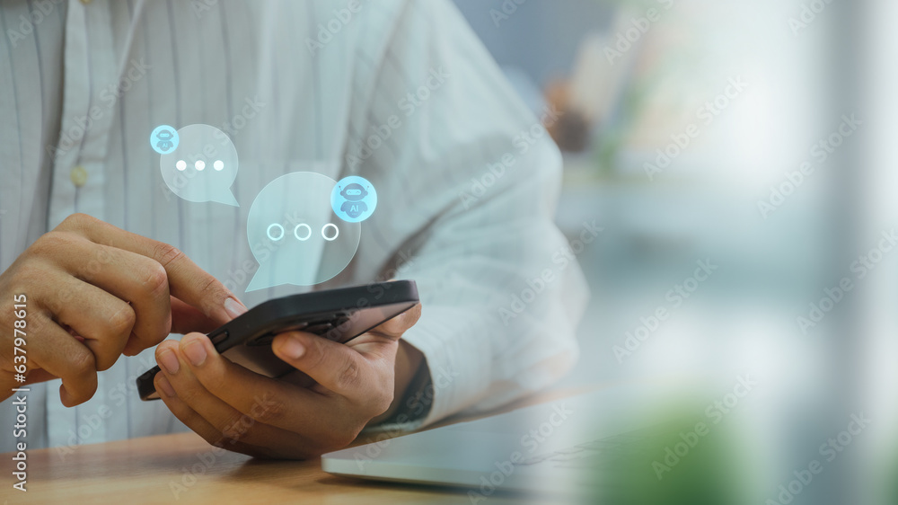 Aufkleber Business man using digital chatbot application Artificial Intelligence at home for online customer service. AI Chat Technology for Seamless Communication and Customer Engagement.
