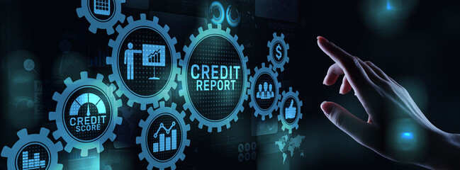 Credit report score button on virtual screen. Business Finance concept.