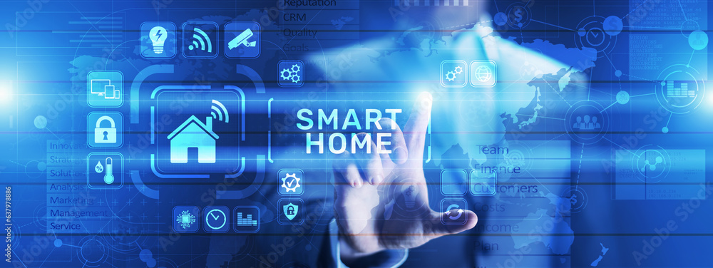 Poster smart home control panel on virtual screen. iot and automation technology concept.