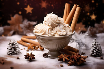 sweet, creamy cinnamon ice cream shown in a winter atmosphere