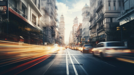 Fototapeta na wymiar abstract modern speed of life of people, auto, blur of urban buildings in the city
