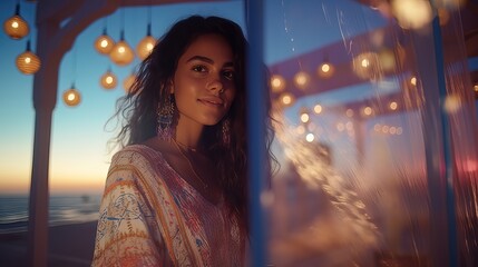 Portrait of a beautiful Moroccan girl against the backdrop of sunset.