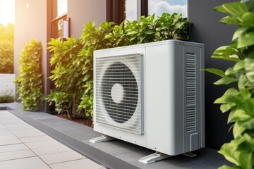 Air source heat pump installed in residential building. Sustainable and clean energy at home.  - obrazy, fototapety, plakaty
