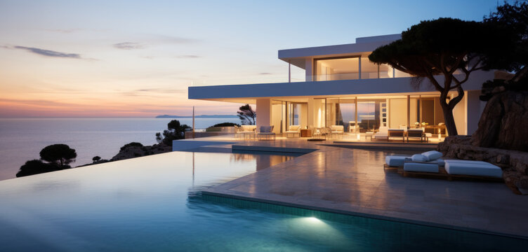 villa blanche de luxe avec piscine et vue sur la mer M&eacute;diterran&eacute;e au coucher du soleil