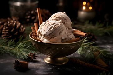 sweet, creamy gingerbread ice cream shown in a winter atmosphere
