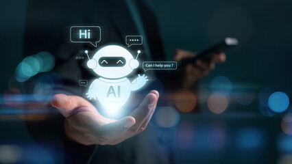 Business chatting a smart AI using an artificial intelligence chatbot developed with AI robot. automatically respond online messages intelligent service to help customers.