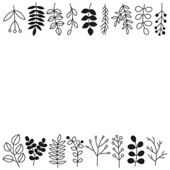 Poster with doodle leafy twigs, wild herbs, plants, berries.