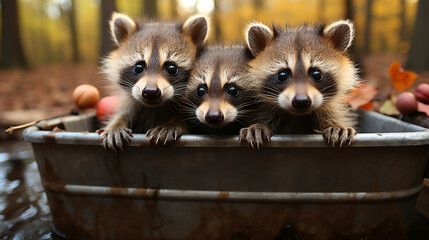 Obraz premium Autumn's Warmth, a Raccoon Amidst Beauty of Fall, Eliciting Melancholy and Comfort of Home