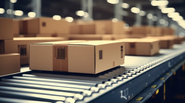 Multiple cardboard box packages seamlessly moving along a conveyor belt in a warehouse fulfillment center, a snapshot of e-commerce, delivery, automation and products. Generative AI
