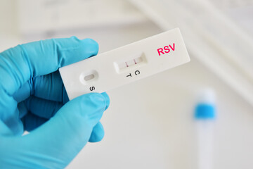 RSV positive test result by using respiratory syncytial virus (RSV) antigen test kit, rapid test...