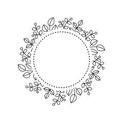 Round wreath with doodle leafy twigs, wild herbs, plants, berries.