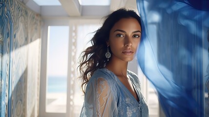 Portrait of a beautiful Moroccan girl against a background of light architecture with a blue accent.