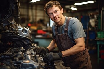 Fototapeta na wymiar Man repairing a car in auto repair shop. Caucasian man in his workshop.