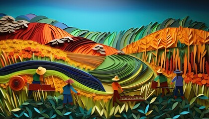 Quilling paper art of hardworking farmers plant crops in fields on colorful paper background
