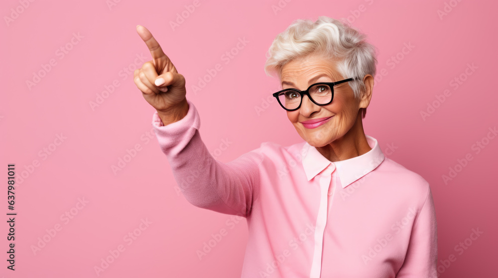 Wall mural senior woman wearing casual clothes pointing with hand and finger to the side looking at the camera.