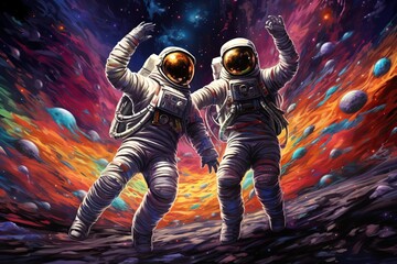 two astronauts, dressed in spacesuits, are floating in zero gravity while dancing closely. The background is a breathtaking view of the galaxy
