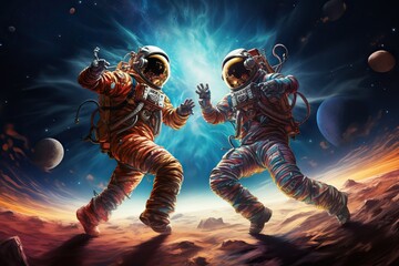 Fototapeta premium two astronauts, dressed in spacesuits, are floating in zero gravity while dancing closely. The background is a breathtaking view of the galaxy