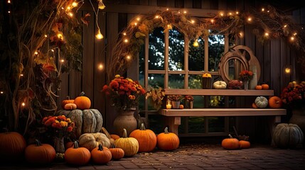 A festive display of pumpkins, autumn wreaths, and strings of fairy lights, illuminating the fall ambiance - Generative ai