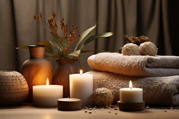 Spa Ambiance: Candles and Towels Composition. Generative Ai