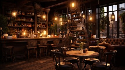 a very cozy coffee shop with beautiful wooden tables and chairs, in the style of darkly romantic, dark beige and amber