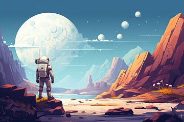 An alien landscape with floating rocks and plants, with a single astronaut exploring the scene - obrazy, fototapety, plakaty
