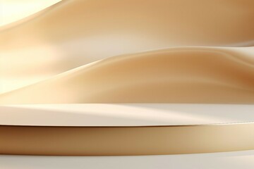 抽象背景バナー）ベージュの曲線的な壁と側面が金色の白い展示台がある空間。AI生成画像