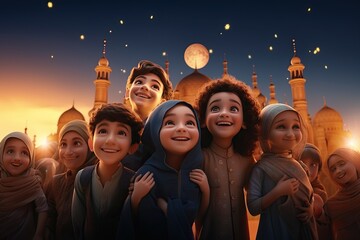 Arab Children and friends with smile face celebrate Eid al Adha over the surface of the moon, with mosques, buildings, cafes and gardens behind them at sunset - obrazy, fototapety, plakaty