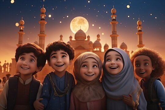 Arab Children and friends with smile face celebrate Eid al Adha over the surface of the moon, with mosques, buildings, cafes and gardens behind them at sunset
