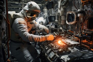astronauts with space helmets repair space stations in outer space - obrazy, fototapety, plakaty