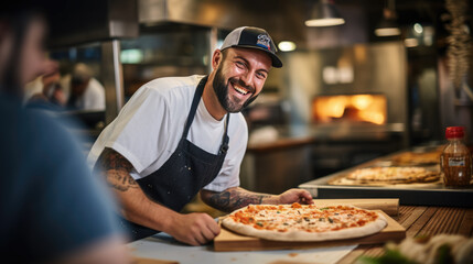Male chef makes pizza in a restaurant.