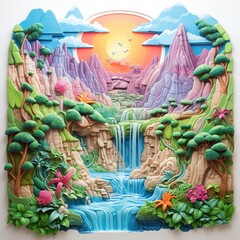 Cartoon bright fantasy relief wall sculpted marble, fantasy tropical scene