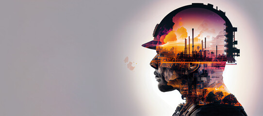 a double exposure worker head, an oil, gas, and petrochemical refinery facility demonstrates the future of electricity and the engineer - obrazy, fototapety, plakaty