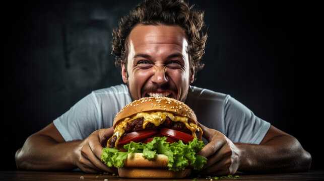 Man holds a juicy burger in his hands