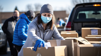 Volunteer holding a box of various aid for charity