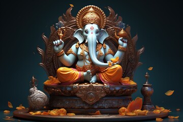 Ganesha Hindu God , with flowers, oil painting taken up into heaven, sitting in front of bokeh mandala background